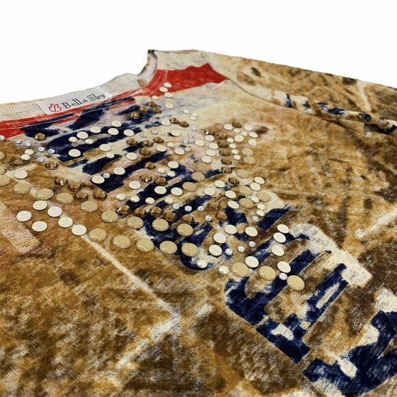 Bella Sky Asymmetrical Flag Print Studded Semi Sheer 3/4 Sleeve Top Size Small - Picture 3 of 8